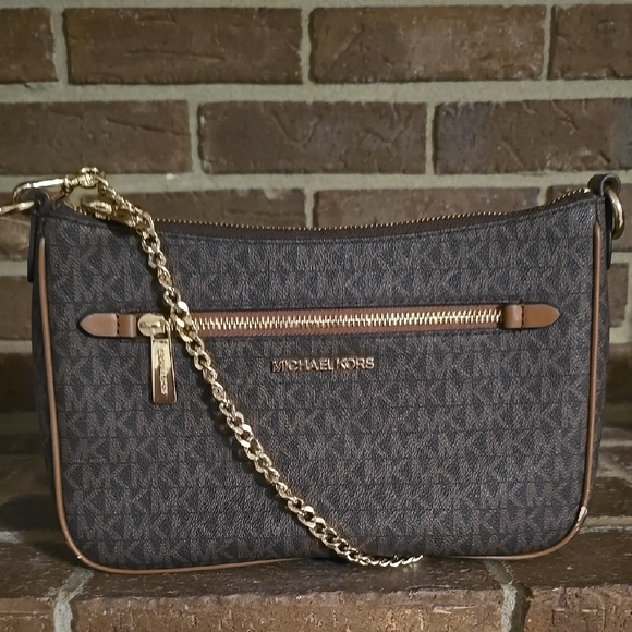 Michael Kors Jet Set Small Logo Chain Crossbody Bag Brown - Picture 2 of 11